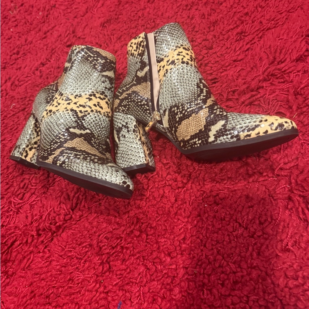 Green, black and  yellow snake print ankle faux leather boots